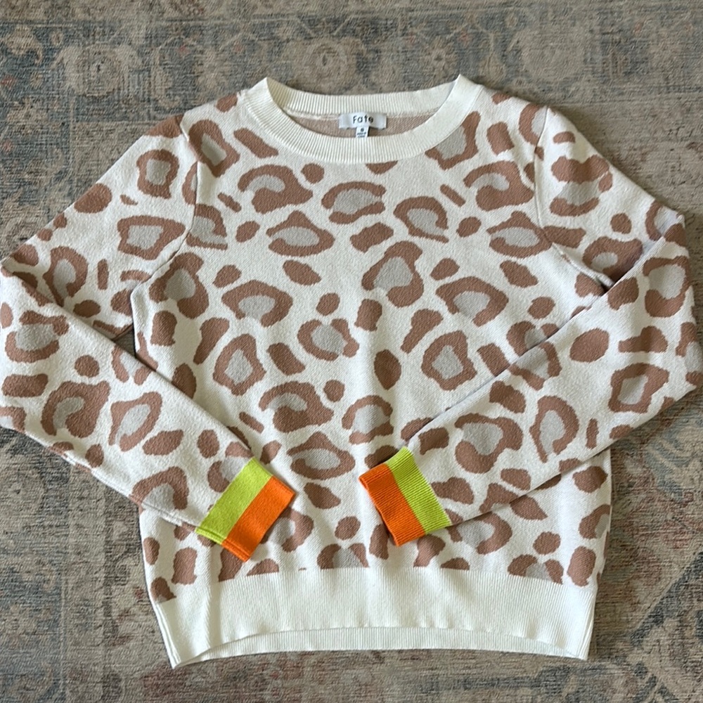Fate Leopard Print Sweater with Neon Cuffs